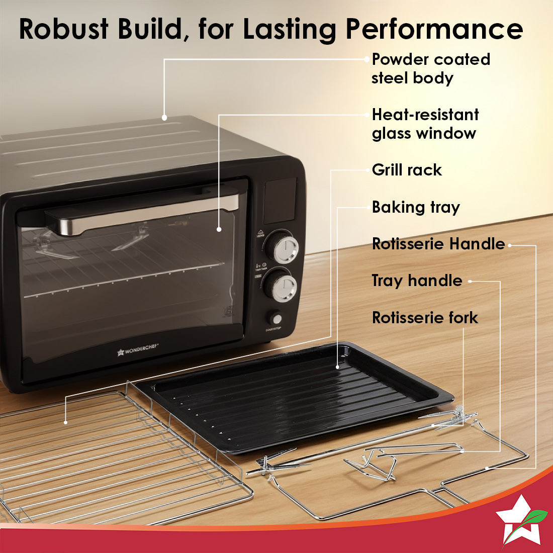 Digital OTG Oven Toaster Griller Rotisserie, 23 L with Digital Display, 9 Pre-set Functions, Adjustable Time & Temperature, 230⁰ C - 2 Hour Timer, Heat-resistant Glass Window, 2-Yr Warranty