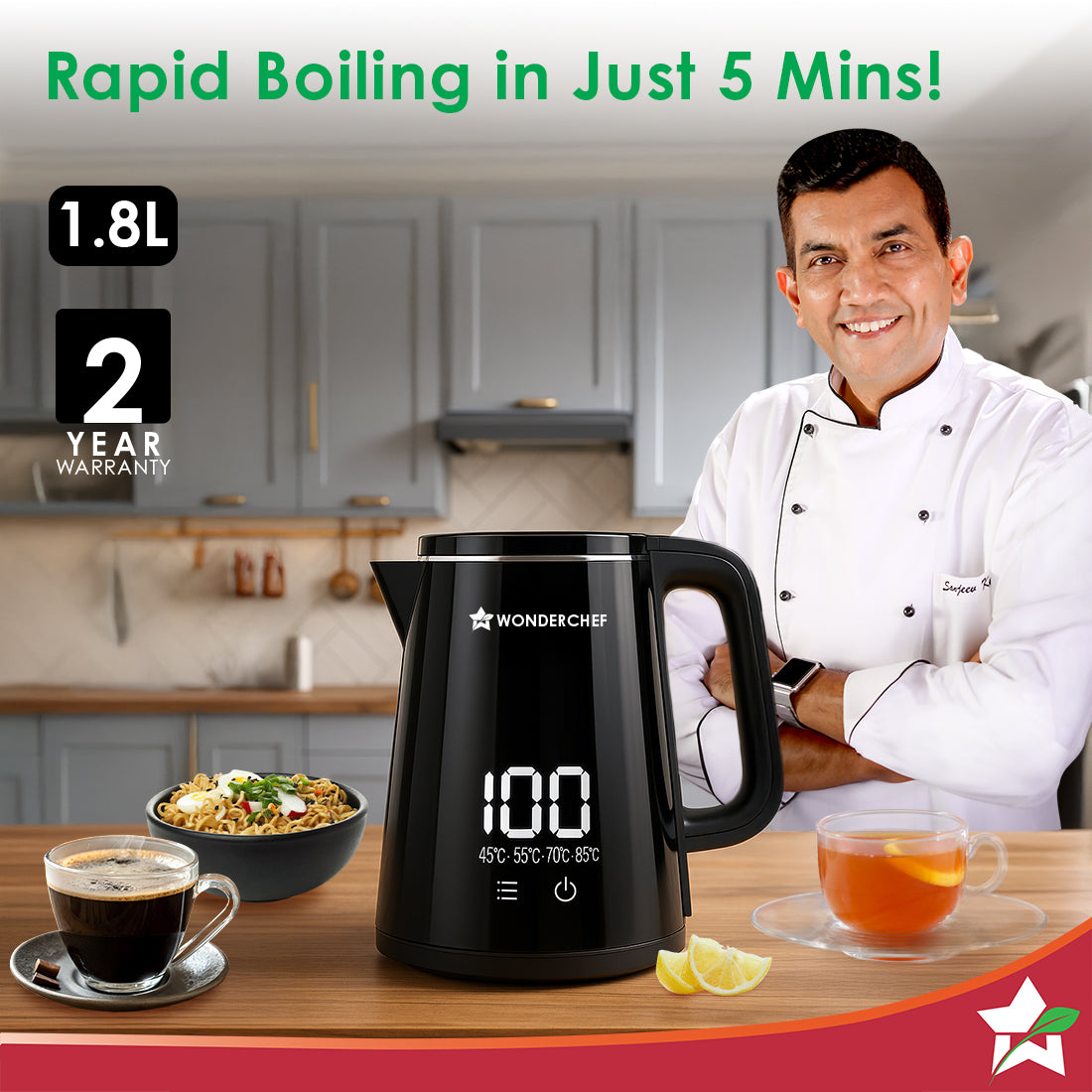 Onyx Cool-touch Digital Kettle, 1.8 L, Stainless-steel Interior, 1350W, Choose from 4 Temperature Modes, Rapid Boiling in 5 Mins for Tea, Coffee, Instant Food, Auto Shut-off, 2-Yr Warranty