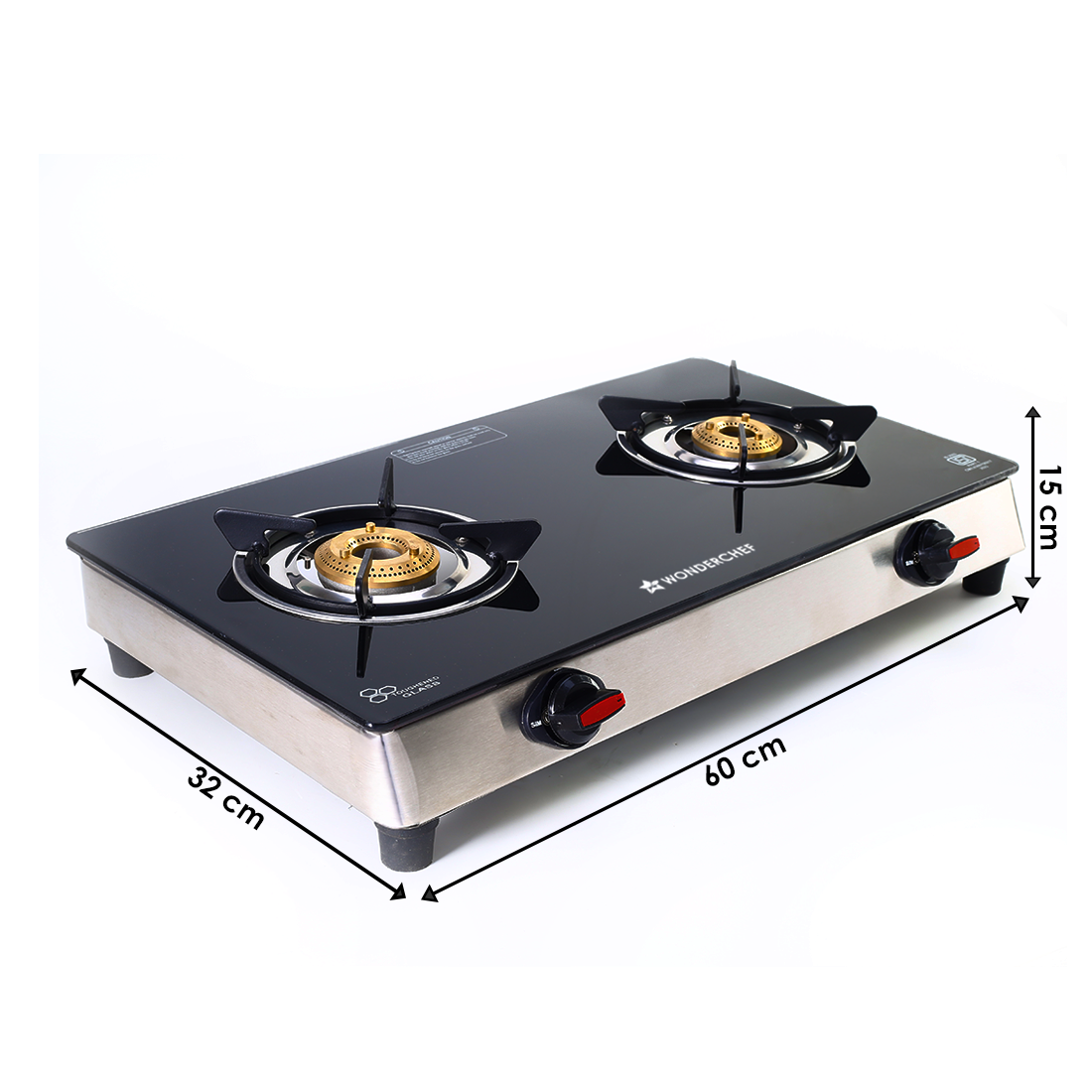 Galaxy 2 Burner Gas Stove | 1 Medium, 1 Small Wide Spaced Burners | Highly Efficient Tri-pin Brass Burners | Precise Flame Control | BIS Approved 6mm Toughened Glass Top | 2 Year Warranty