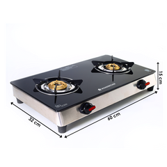 Galaxy 2 Burner Gas Stove | 1 Medium, 1 Small Wide Spaced Burners | Highly Efficient Tri-pin Brass Burners | Precise Flame Control | BIS Approved 6mm Toughened Glass Top | 2 Year Warranty