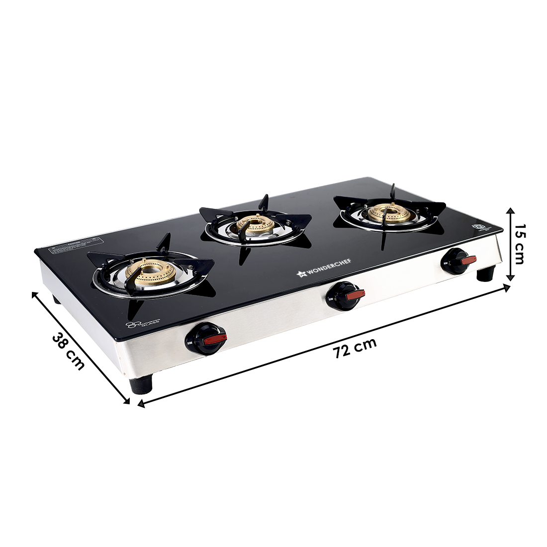 Galaxy 3 Burner Gas Stove | 2 Medium, 1 Small Wide Spaced Burners | Highly Efficient Tri-pin Brass Burners | Precise Flame Control | BIS Approved 6mm Toughened Glass Top | 2 Year Warranty