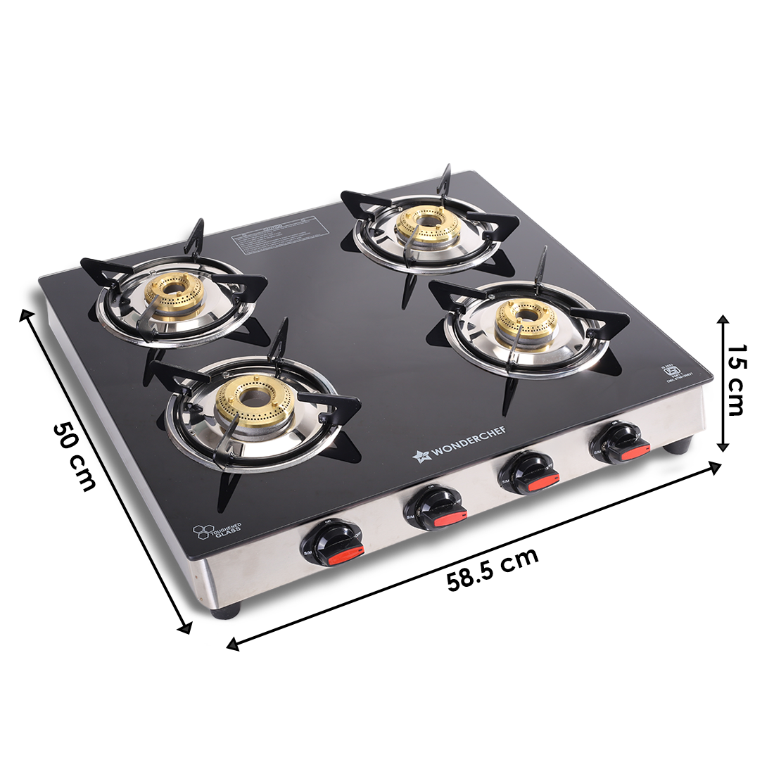 Galaxy 4 Burner Gas Stove | 2 Medium, 2 Small Wide Spaced Burners | Highly Efficient Tri-pin Brass Burners | Precise Flame Control | BIS Approved 6mm Toughened Glass Top | 2 Year Warranty