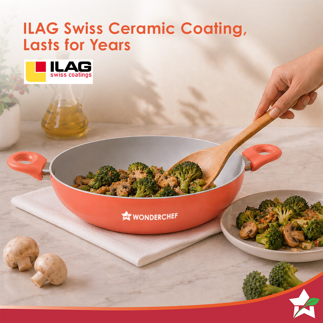 Natura Ceramic Kadhai & Glass Lid for Cooking, 24cm, 2.5L, Non-toxic Chemical-free Coating, PFOA/PFAS-Free, For Kitchen, Scratch-resistant, Gas & Induction Compatible, 2-Yr Warranty, Peach