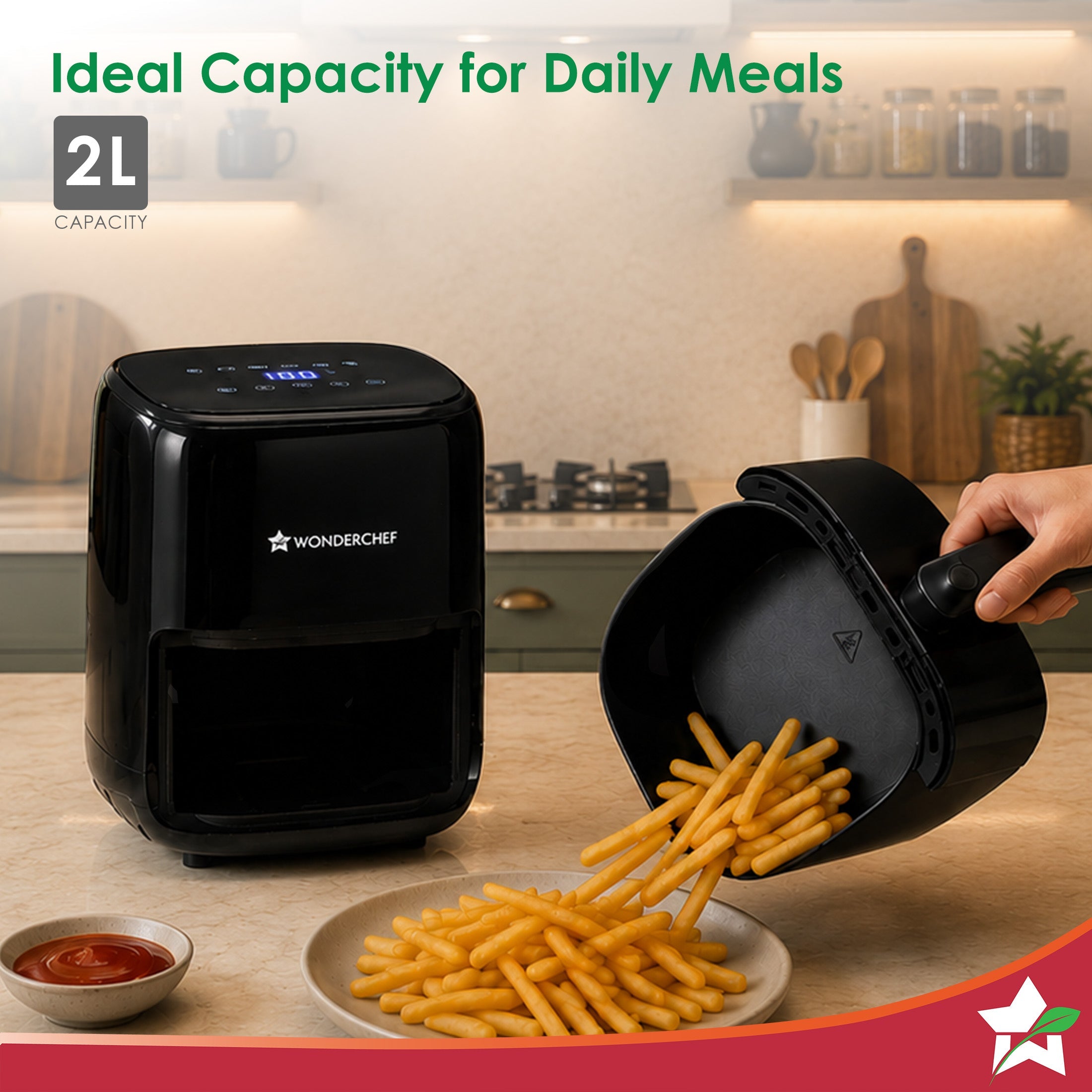 Evita Air Fryer for Kitchen 2 L 1000W, Rapid Hot Air Technology, Adjustable Temperature and Time, Make Crispy Snacks and Desserts, Free Access to Recipe Book with 120 Recipes, 2-Yr Warranty