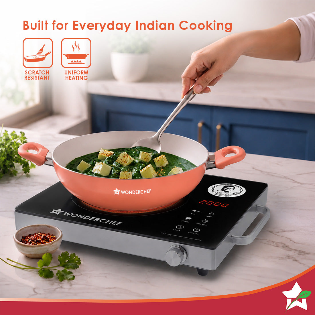 Natura Ceramic Kadhai & Glass Lid for Cooking, 24cm, 2.5L, Non-toxic Chemical-free Coating, PFOA/PFAS-Free, For Kitchen, Scratch-resistant, Gas & Induction Compatible, 2-Yr Warranty, Peach