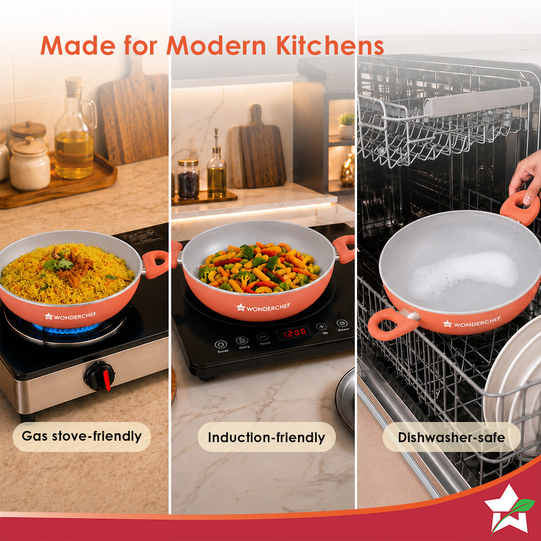 Natura Ceramic Kadhai & Glass Lid for Cooking, 24cm, 2.5L, Non-toxic Chemical-free Coating, PFOA/PFAS-Free, For Kitchen, Scratch-resistant, Gas & Induction Compatible, 2-Yr Warranty, Peach