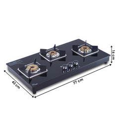 Octavia 3 Burner Glass Hob Top Manual Cooktop | 8mm Toughened Glass | Manual Ignition | Forged Brass Burners | Stainless Steel Drip Tray | Anti-Skid Legs | Large & Heavy Pan support | LPG compatible | Black steel frame | 2 Year Warranty | Black