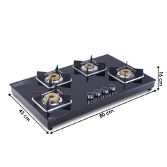 Octavia 4 Burner Glass Hob Top Manual Cooktop | 8mm Toughened Glass | Manual Ignition | Forged Brass Burners | Stainless Steel Drip Tray | Anti-Skid Legs | 2 Year Warranty | Black